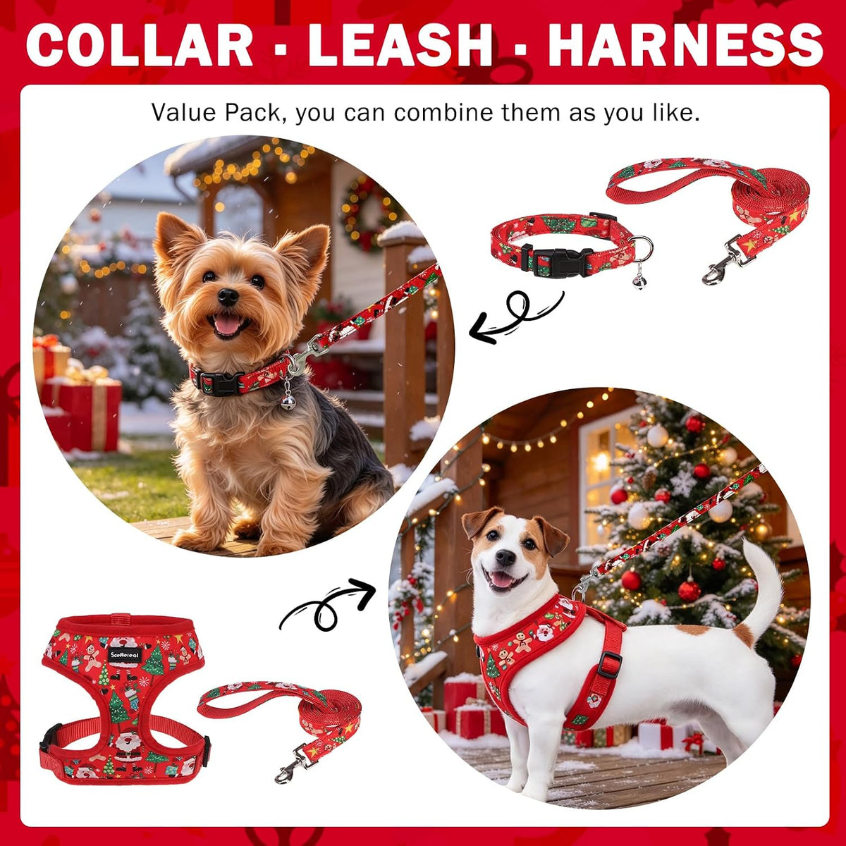SCENEREAL Christmas Small Dog Harness and Leash Set, Red-Christmas S