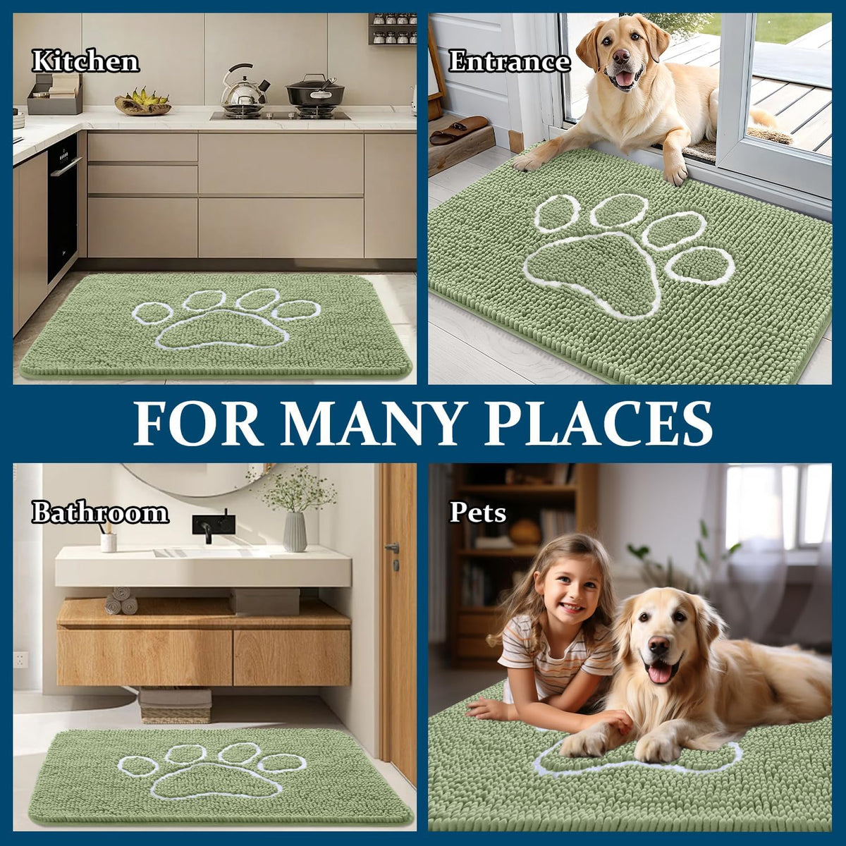 OLANLY Dog Door Mat for Muddy Paws 54x24, Paw Print Design Chenille Mud Mat
