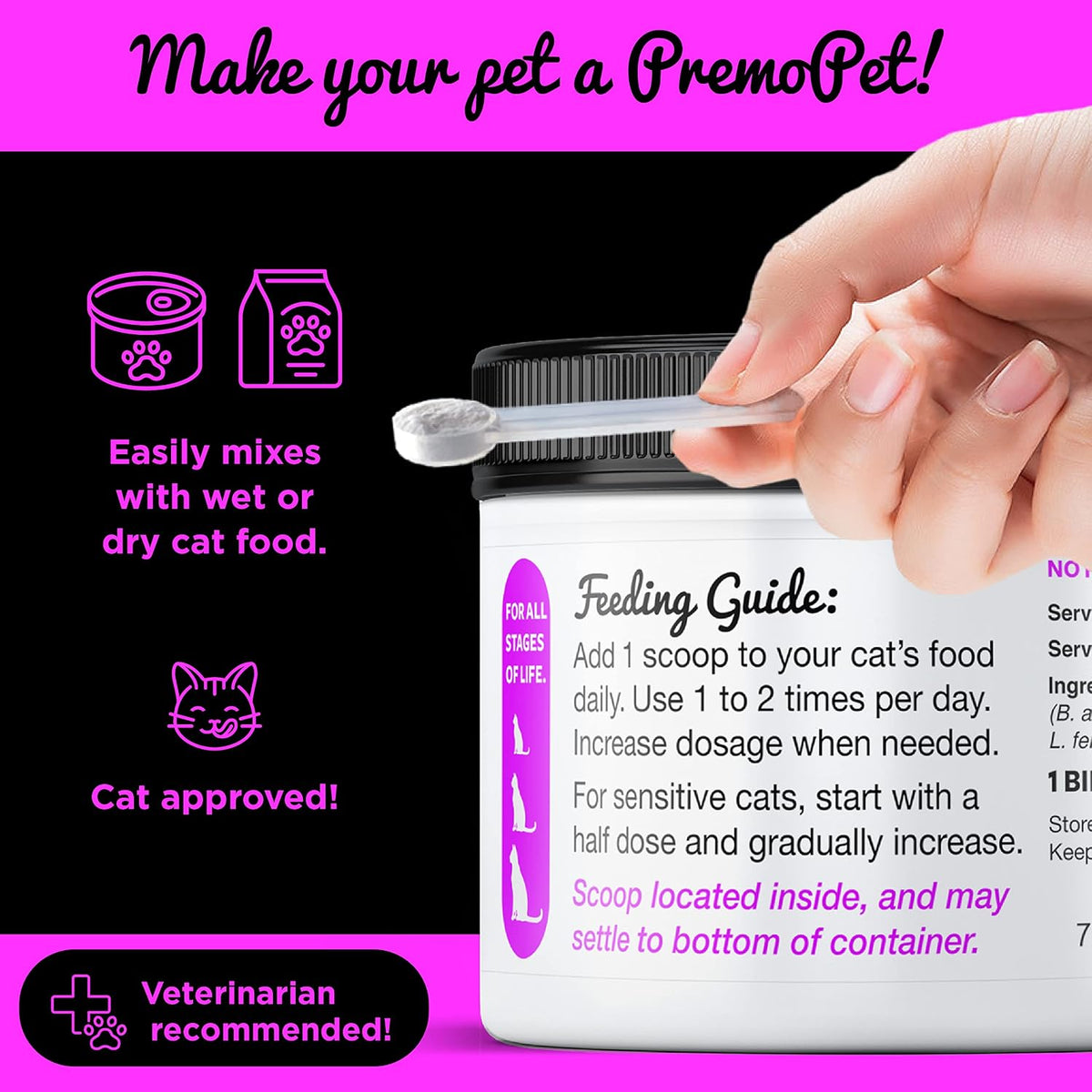 PROBIOTIC for Cats – 120 Servings - Premo Pet – Digestive Aid Plus Prebiotics - Best for Diarrhea, Vomiting, Gas, Skin Conditions – Tasteless – Wheat & Dairy Free – GMP – Vet Approved