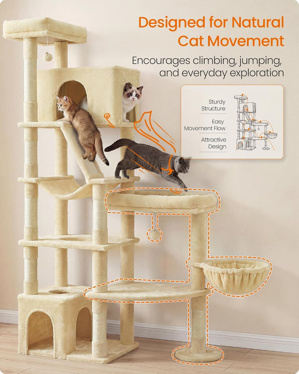 Feandrea Cat Tree, 74.1" Heavy Duty Cat Tower Condo for Indoors, Beige
