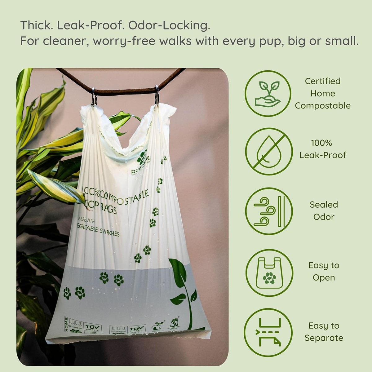 Pawtria Home Compostable XL Poop Bags with Handles, 100 Bags, Mega Roll | Extra Large Leak-Proof Dog Poop Bags with Handles for Cat Litter, Yard Cleanup & Large Dogs
