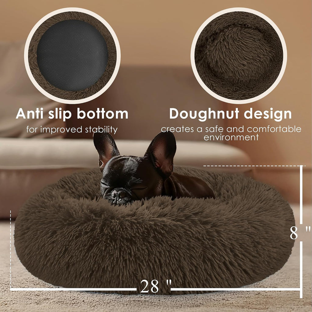 28in Large Dog Bed, Calming Donut Bed for Puppy and Kitten (Coffee)