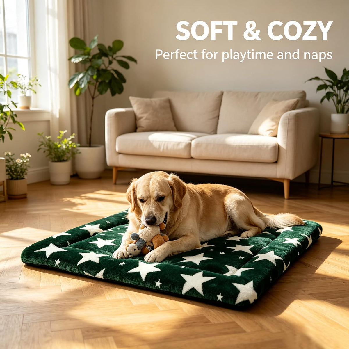 Dog Bed Mat,Reversible & Ultra Soft Kennel Pad-Machine Washable Pet Bed for Dogs & Cats-All-Weather Crate Liner for Crates,Carriers & Travel (Big Star&Green, 35.0" L x 23.0" W x 1.5" Th)