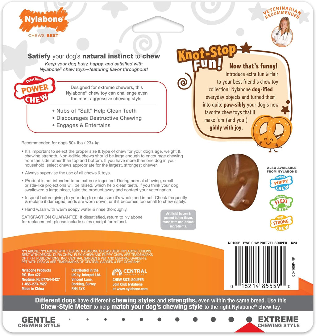 Nylabone Power Chew Pretzel Dog Chew Toy, X-Large | Bacon & peanut butter flavor, durable, long lasting, discourages destructive chewing, flavor throughout, for dogs 50+ lbs