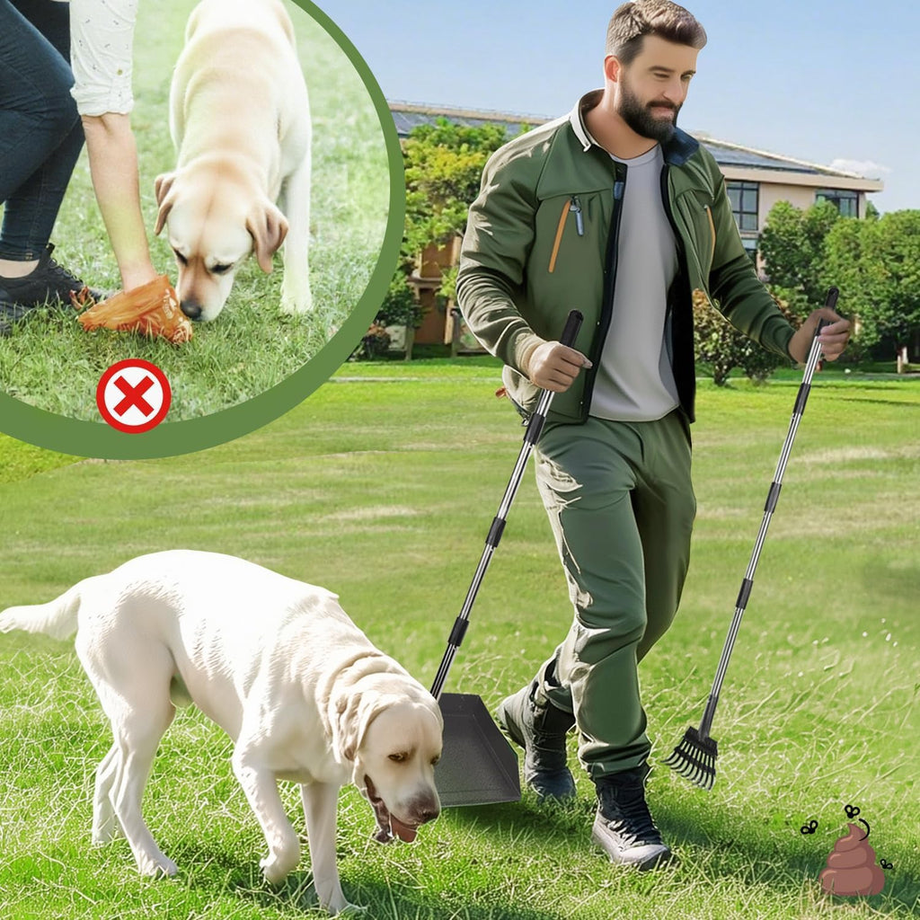 T2Y Pooper Scooper for Large Dogs, Rake & Spade & Extra Large Tray Set | 48" Tall No-Bend | 9.4'' Large Tray | Stainless Steel | Adjustable | Works on Grass, Gravel & Dirt | Easy to Install