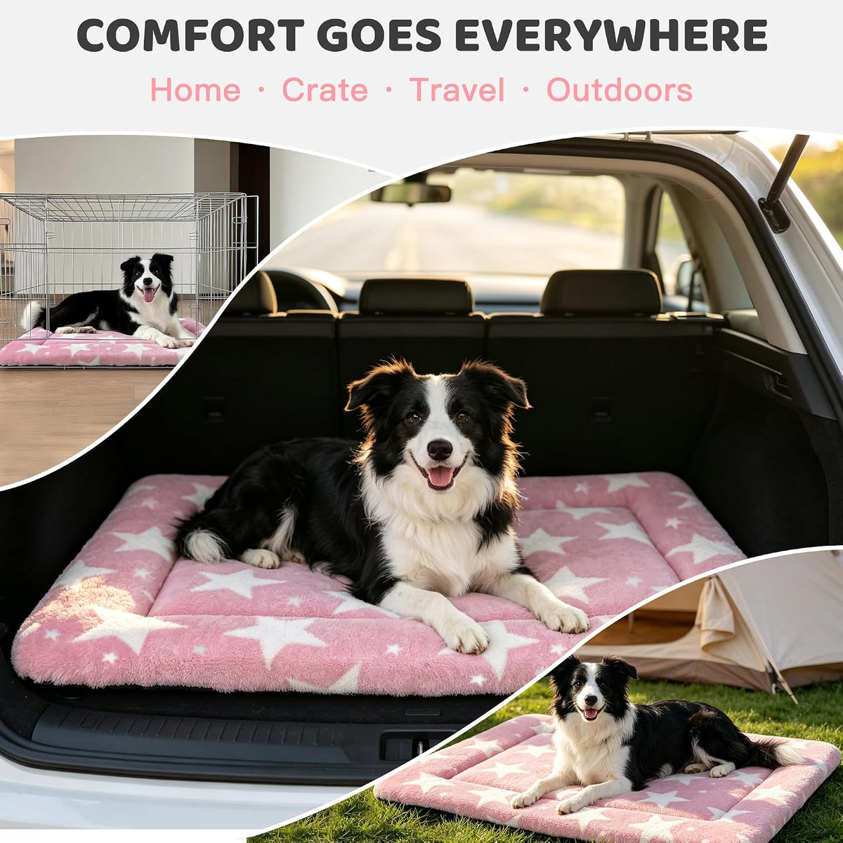 Dog Bed Mat, Reversible Crate Pad & Durable Dog Bed - Machine Washable Kennel Mat with Ultra Soft for Medium Dogs (Big&Small Stars Pink, 30" L*20" W*1.5" Th)