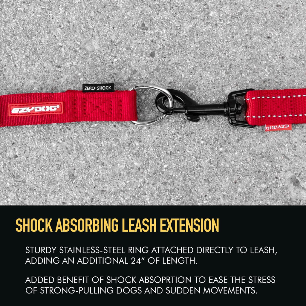 EzyDog Zero Shock Leash Extension, 24" Bungee Leash Extender - Red