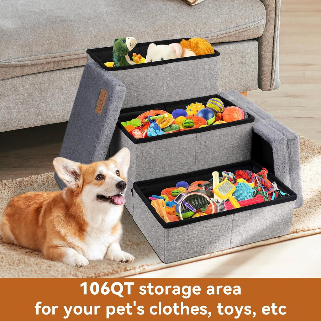 Zerbuger Dog Stairs with Storage, Grey Furry Lids 3 Steps Dog Ramp no Condo