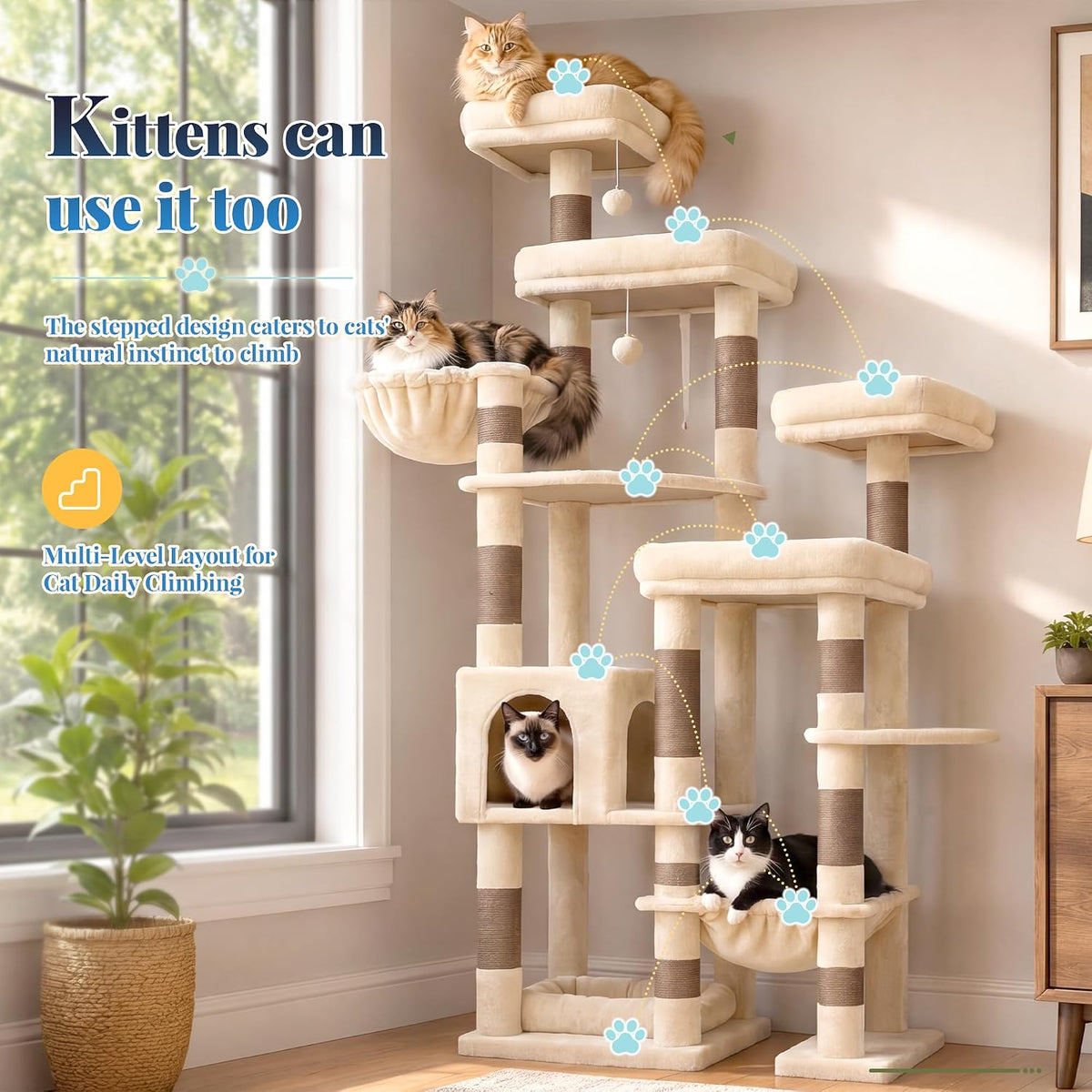 Hey-brother Cat Tree Tower, Wide Base, 5 Platforms for Multi-Cats, MPJ074MJ
