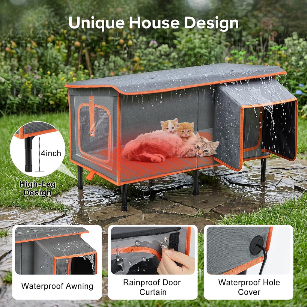 Heated Cat House for Outside in Winter, Weatherproof Outdoor Cat House with Cat Heating Pad, Waterproof &Safe Escape Door, Insulated Cat Shelter with Heater for Feral Barn Cats Kitty