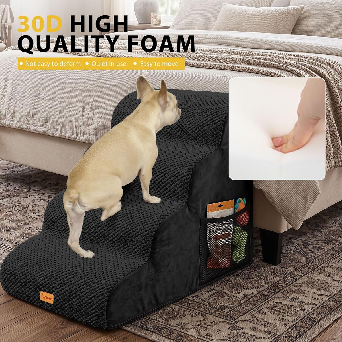 4-Step Dog Stairs for Small Dogs, Non-Slip Foam Pet Steps for High Beds