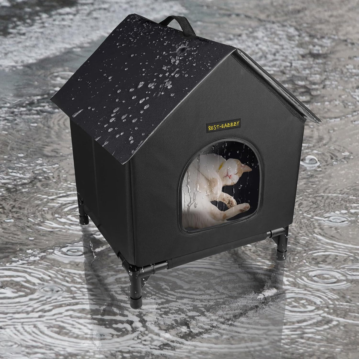 Rest-Eazzzy Cat House for Indoor and Outdoor Cats in Winter, Waterproof, Fully Insulated Shelter for Stray and Feral Cats, Great for Cat Houses for Outdoor and Cat Beds for Indoor Cats(Black, Medium)