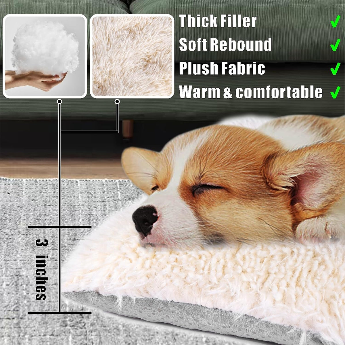 Machine Washable Dog Bed, Deluxe Plush Dog Crate Pad and Cat Bed, Anti-Slip Bottom Kennel Pad Mat, Fuzzy Pet Beds for Large, Medium, Small Dogs Breeds (Ivory, 24.0" L x 18.0" W x 3.0" Th x 2 Pack)