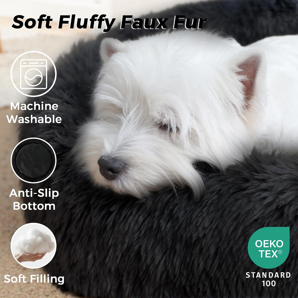 Calming Round Dog Bed & Cat Bed for Indoor Cats, Medium Size Washable Anti-Slip Anti-Anxiety Donut Dog Beds for Small Dogs & Cats, Fluffy Plush Soft Dog Bed(20 Inch, Black)
