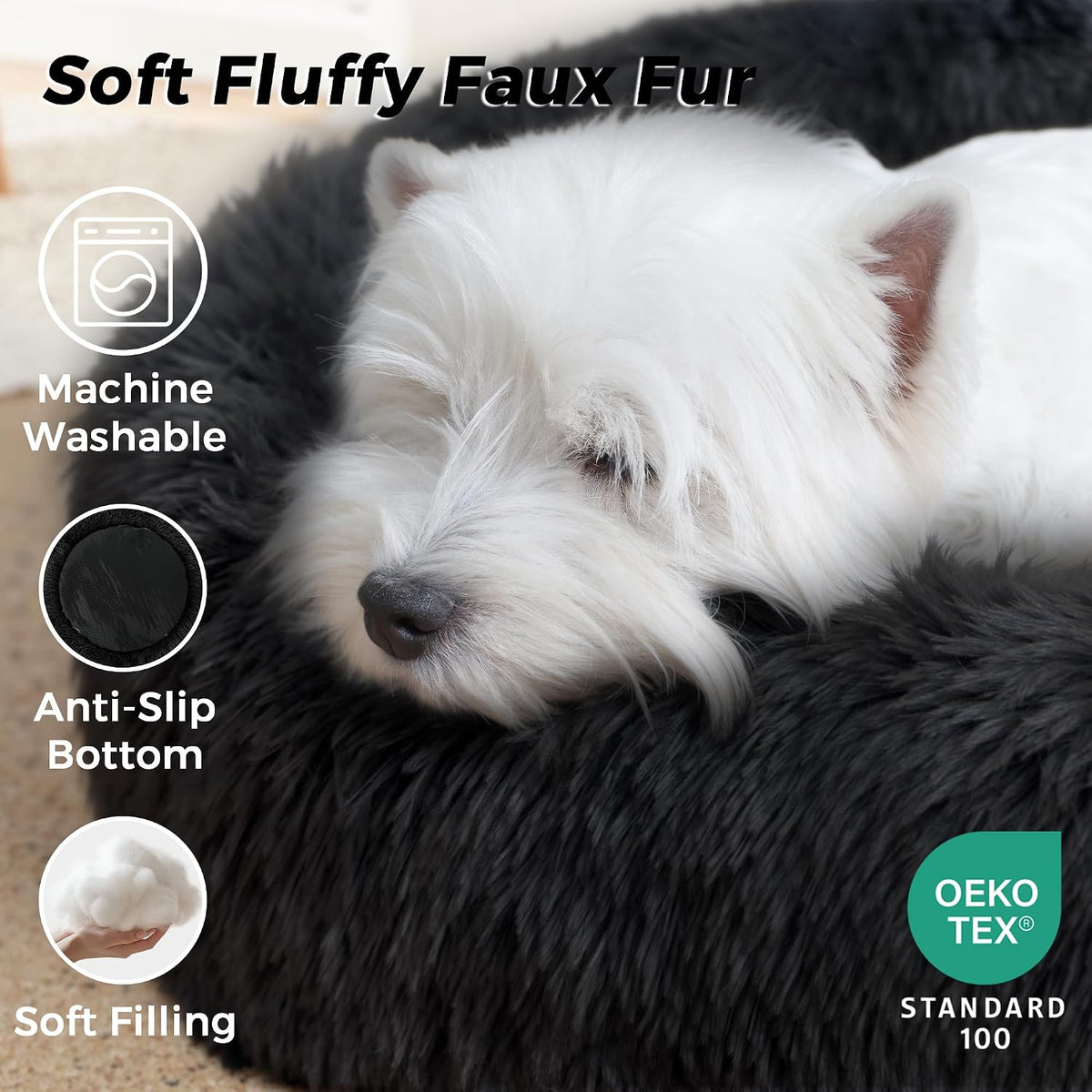 Calming Round Dog Bed & Cat Bed for Indoor Cats, Medium Size Washable Anti-Slip Anti-Anxiety Donut Dog Beds for Small Dogs & Cats, Fluffy Plush Soft Dog Bed(20 Inch, Black)