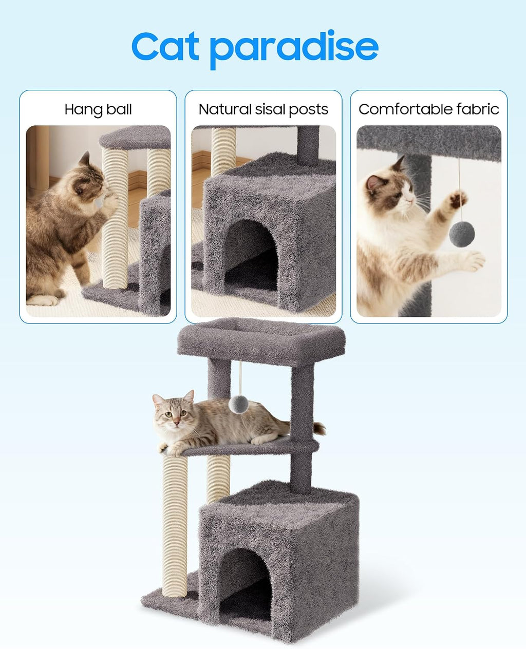 Cat Tree Tower for Indoor Cats, 33 Inches Multi-Level Cat Condo with Scratching Posts, Large Perch, Hanging Toy for Large Adult Cats, Gray