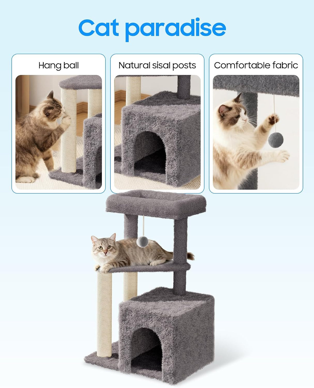 Cat Tree Tower for Indoor Cats, 33 Inches Multi-Level Cat Condo with Scratching Posts, Large Perch, Hanging Toy for Large Adult Cats, Gray