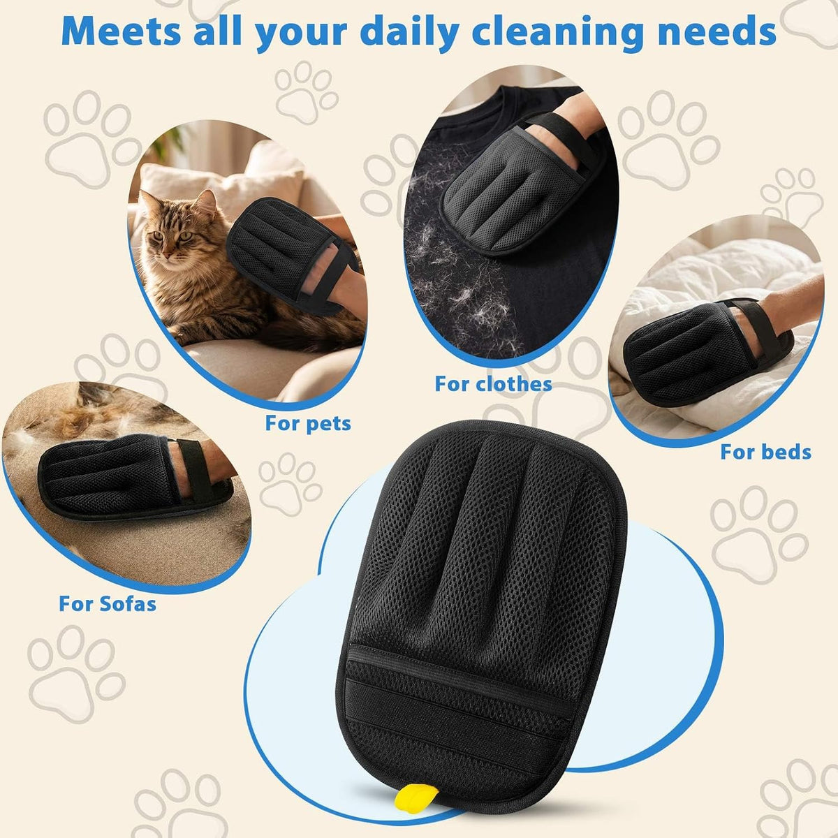 SUETT Pet Hair Removal Gloves, Reusable Five-Finger Grooming Gloves for Dogs and Cats, Removes Pet Hair from Clothes, Sofas, Carpets, and Car Seats, Black