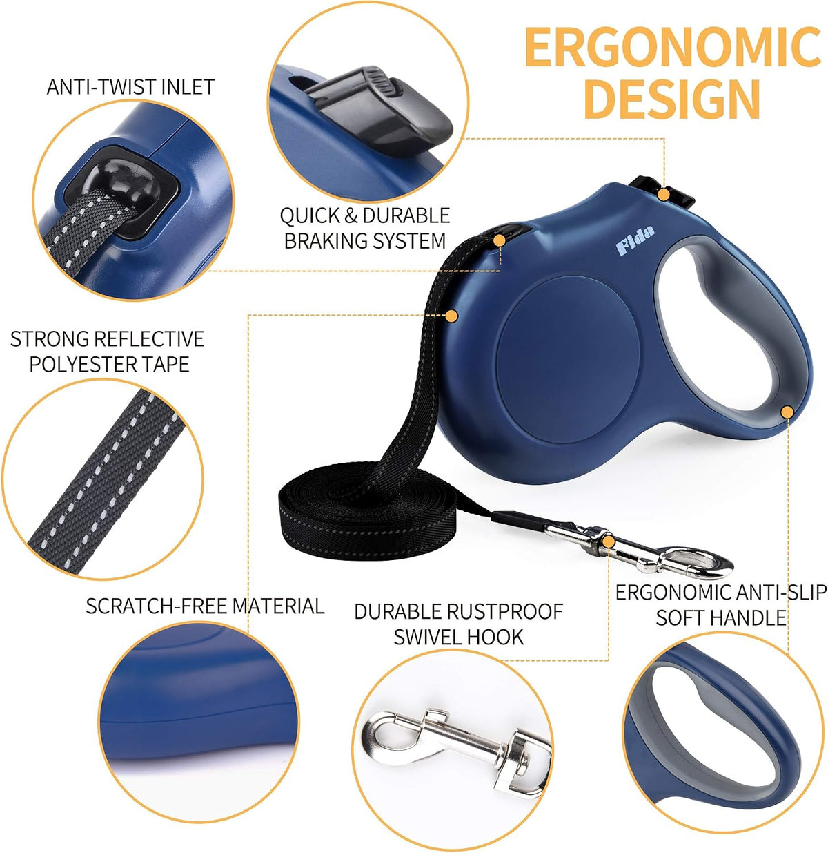 Fida Retractable Dog Leash with Dispenser and Poop Bags, 16 ft, Navy Blue
