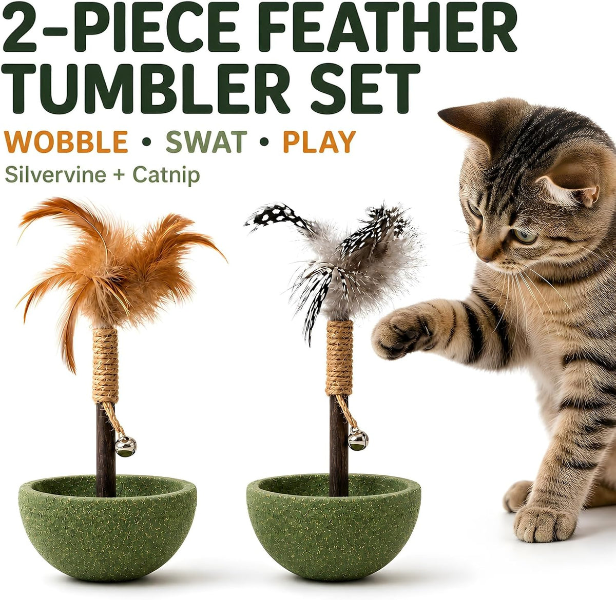 2-Piece Feather Tumbler Cat Toy with Catnip & Bell with Silvervine Stick