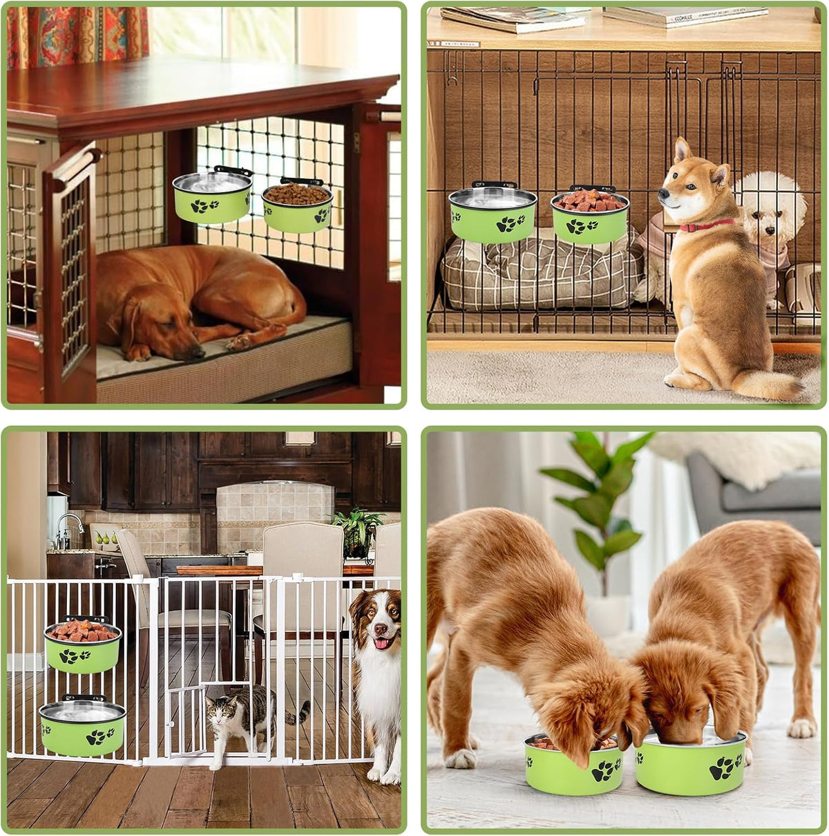 Dog Crate Bowls, ShineMe Stainless Steel Dog Kennel Bowls for Crates, Spill Proof Dogs Dishes that Attach to Crate Kennel Cage for Small Medium Size Dogs Cats, Set of 2, Green (6.2x2.6” & 5.5x2.4”)