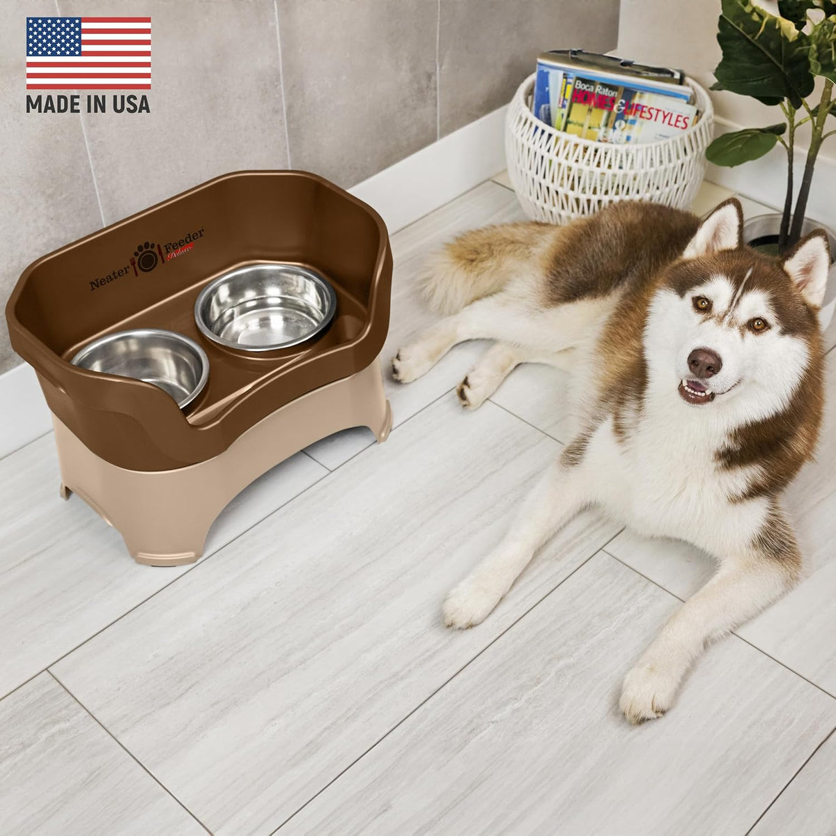Neater Pet Brands Neater Feeder Deluxe Mess Proof Dog Bowls Elevated for Large Dogs Over 40 lbs, Made in USA, No Spill Raised Dog Food Bowl Stand Feeding Station, Food and Water Bowl Set, Bronze 