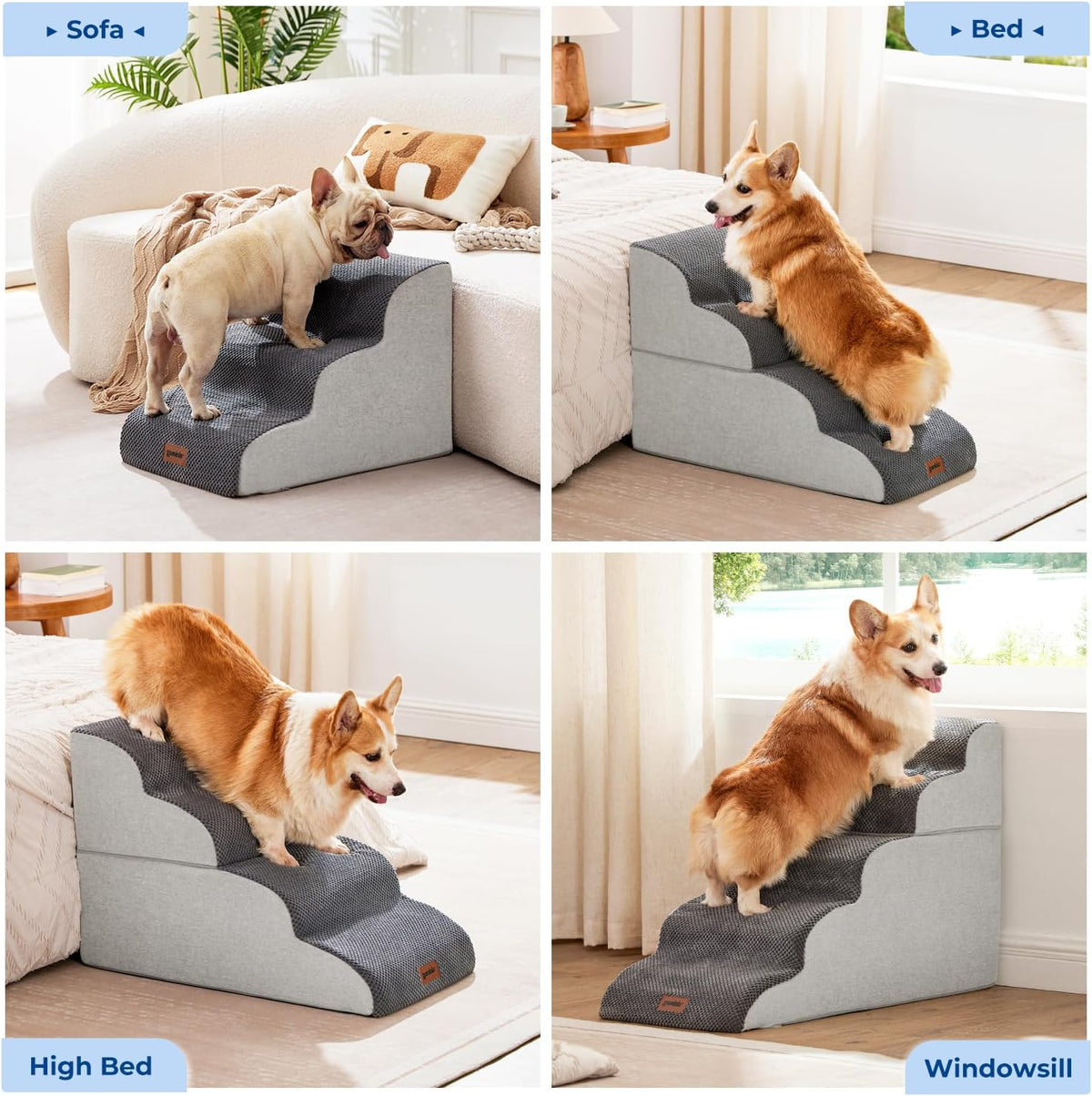 ZOMISIA Pet Stairs Ramp for Small Dogs, 15.7" Dog Bed Stairs 3 Step Grey