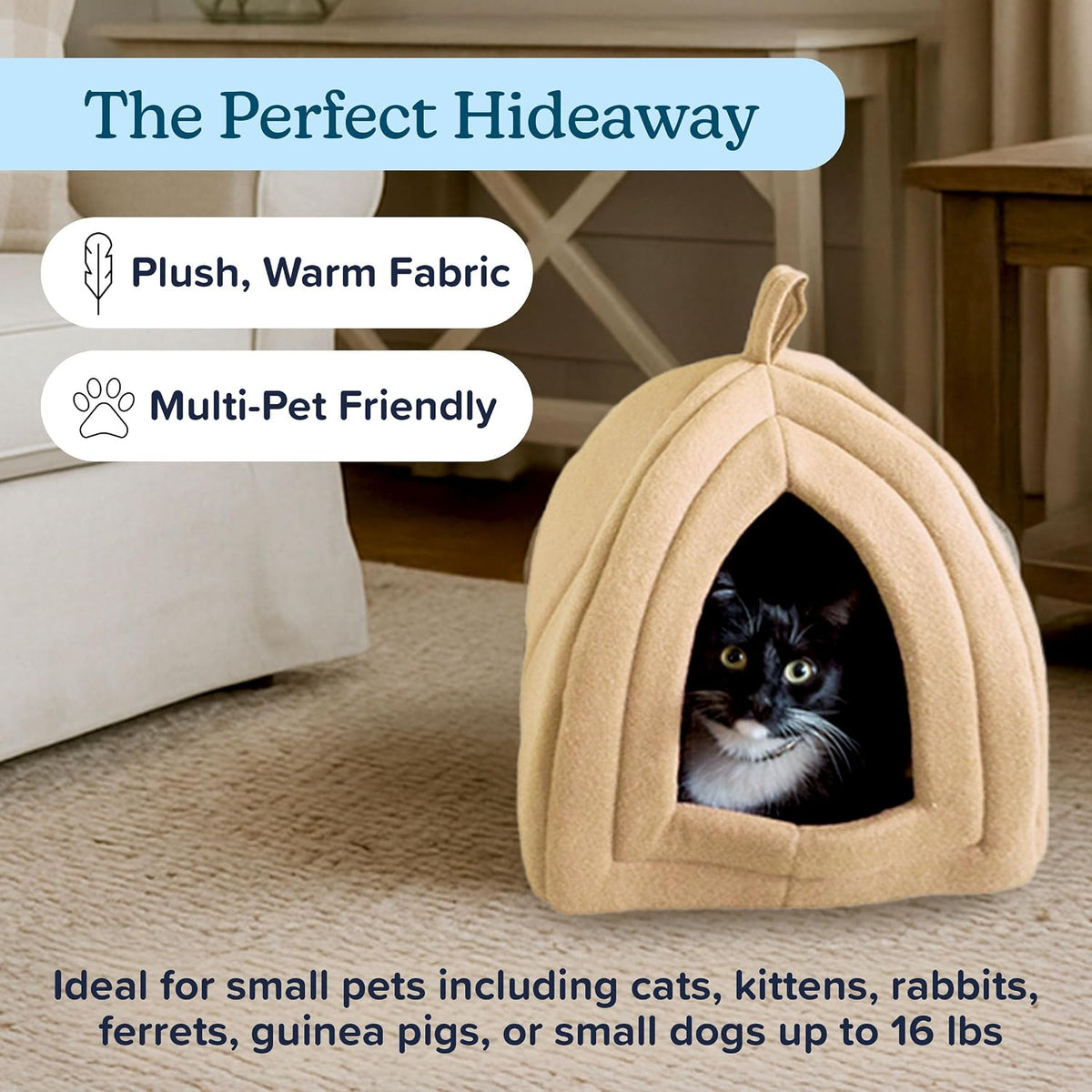 Cat House - Indoor Bed with Removable Foam Cushion - Pet Tent for Puppies, Rabbits, Guinea Pigs, Hedgehogs, and Other Small Animals by PETMAKER (Tan)