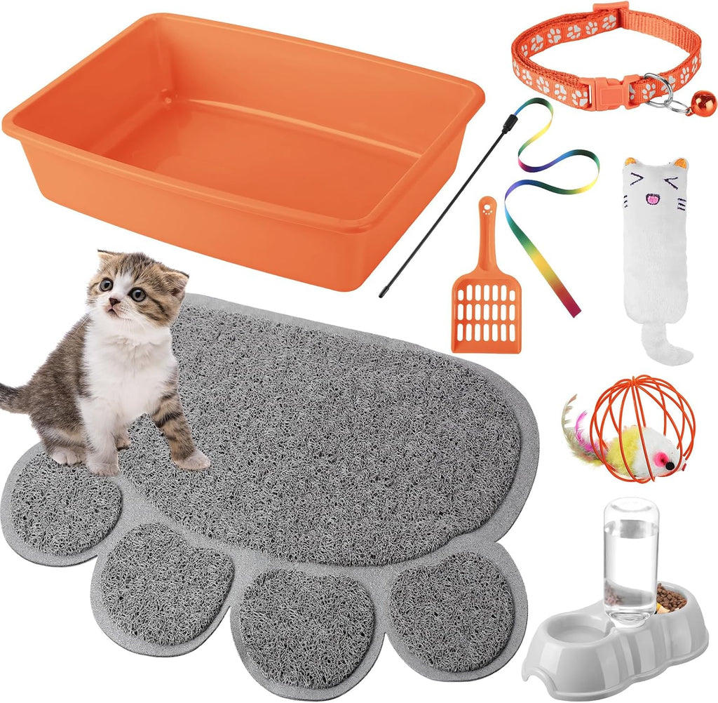 Tioncy 7 Pcs Kitten Litter Box Starter Kit with Mat, Simple, Orange