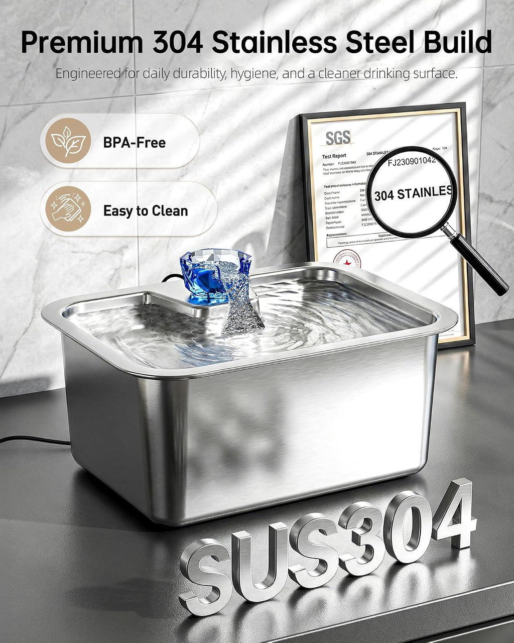 10L (2.64 Gallon) Dog Water Fountain with Silicone Mat, Stainless Steel Pet Water Dispenser with 6 Filters, Quiet Automatic Water Bowl for Large Dogs and Multi-Pet Homes, Easy to Clean