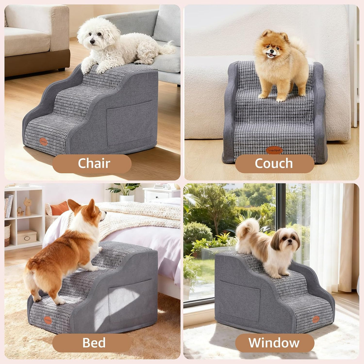 Woochpet 3-Tier Dog Stairs for Beds Foam Ramp Stairs for Couch Dark Grey