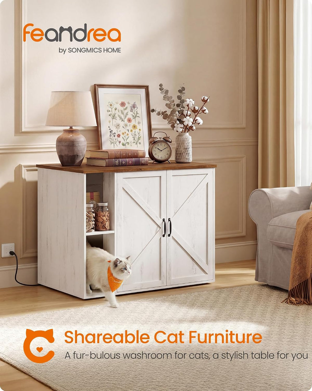 Feandrea Cat Litter Box Enclosure, Hidden Cat Washroom with Power Outlet | For Smart Litter Box, Barn Doors, 39.4 x 26.8 x 31.5 Inch, Rustic Brown and Honey Brown, HAINS Collection, UPCL052W201S