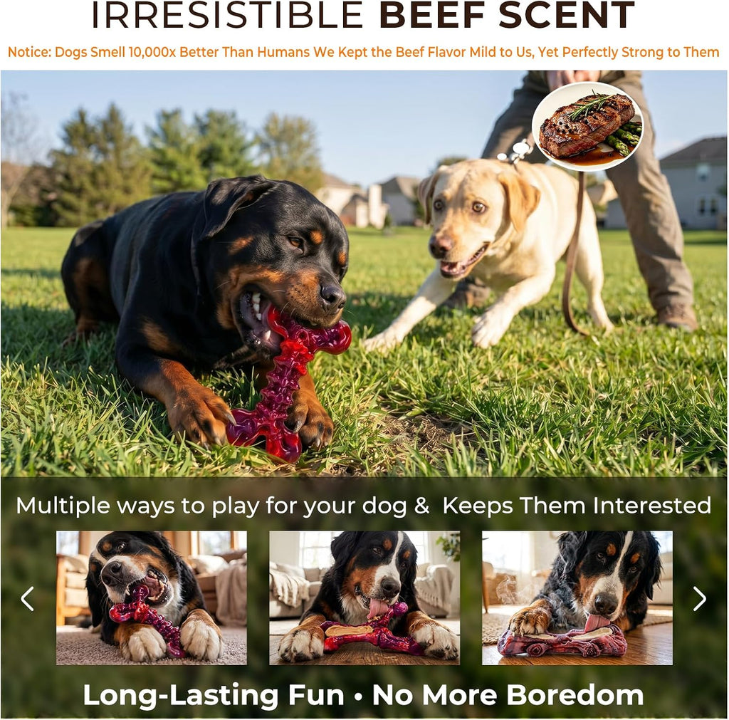 Kseroo 3-Pack Beef Flavored Dog Chew Toys for Aggressive Chewers, Red-XL | Indestructible, Heavy Duty, Rock-Hard Solid Nylon Bones for Medium/Large Dogs 25-100lbs, Tough, Long-Lasting, Keep Them Busy