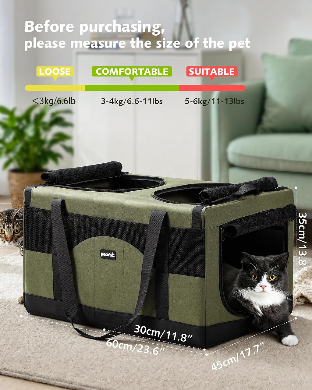Pecute Large Cat Carrier, Soft Double Pet Crate for 2 Cats Travel, Green