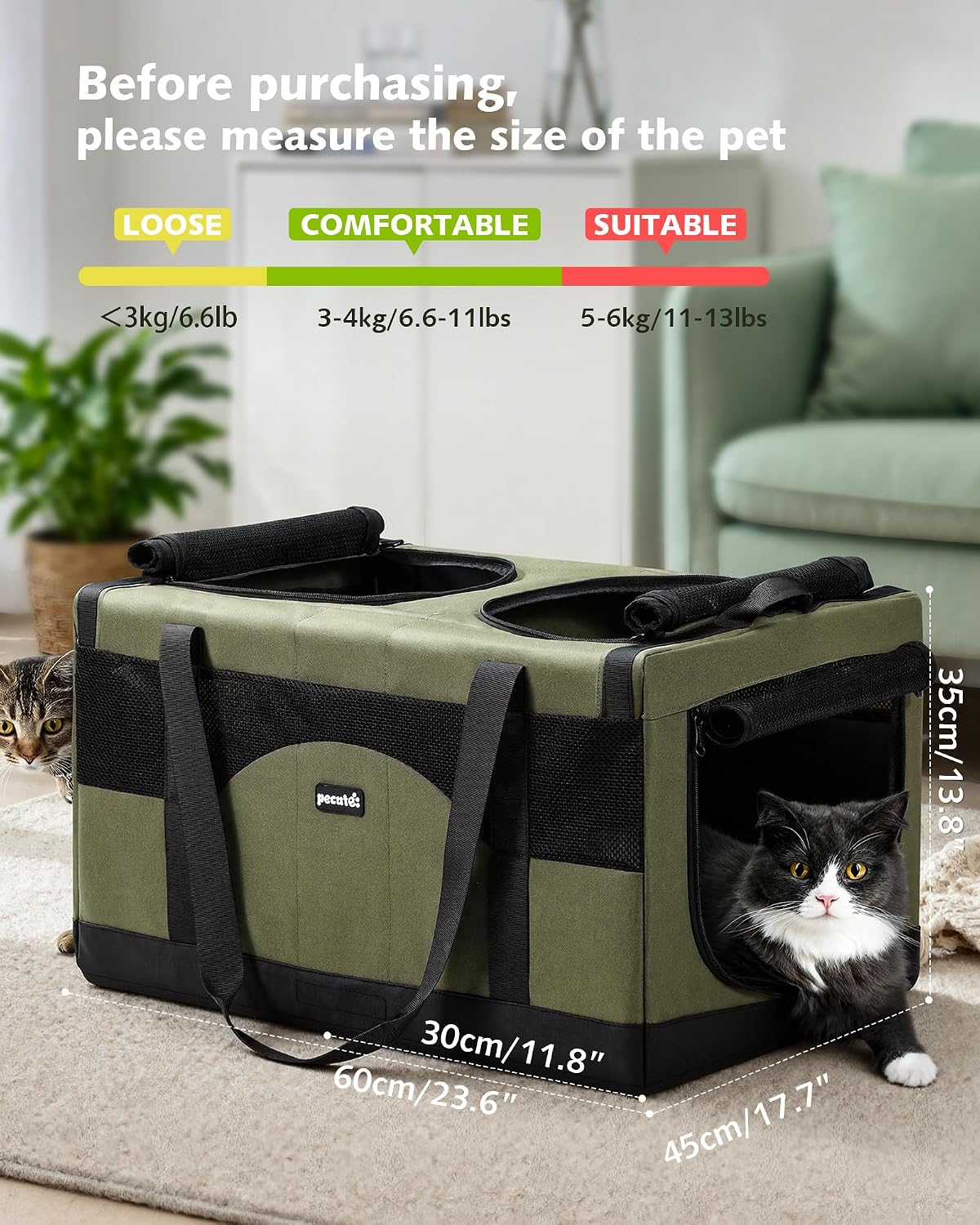 Pecute Large Cat Carrier, Soft Double Pet Crate for 2 Cats Travel, Green