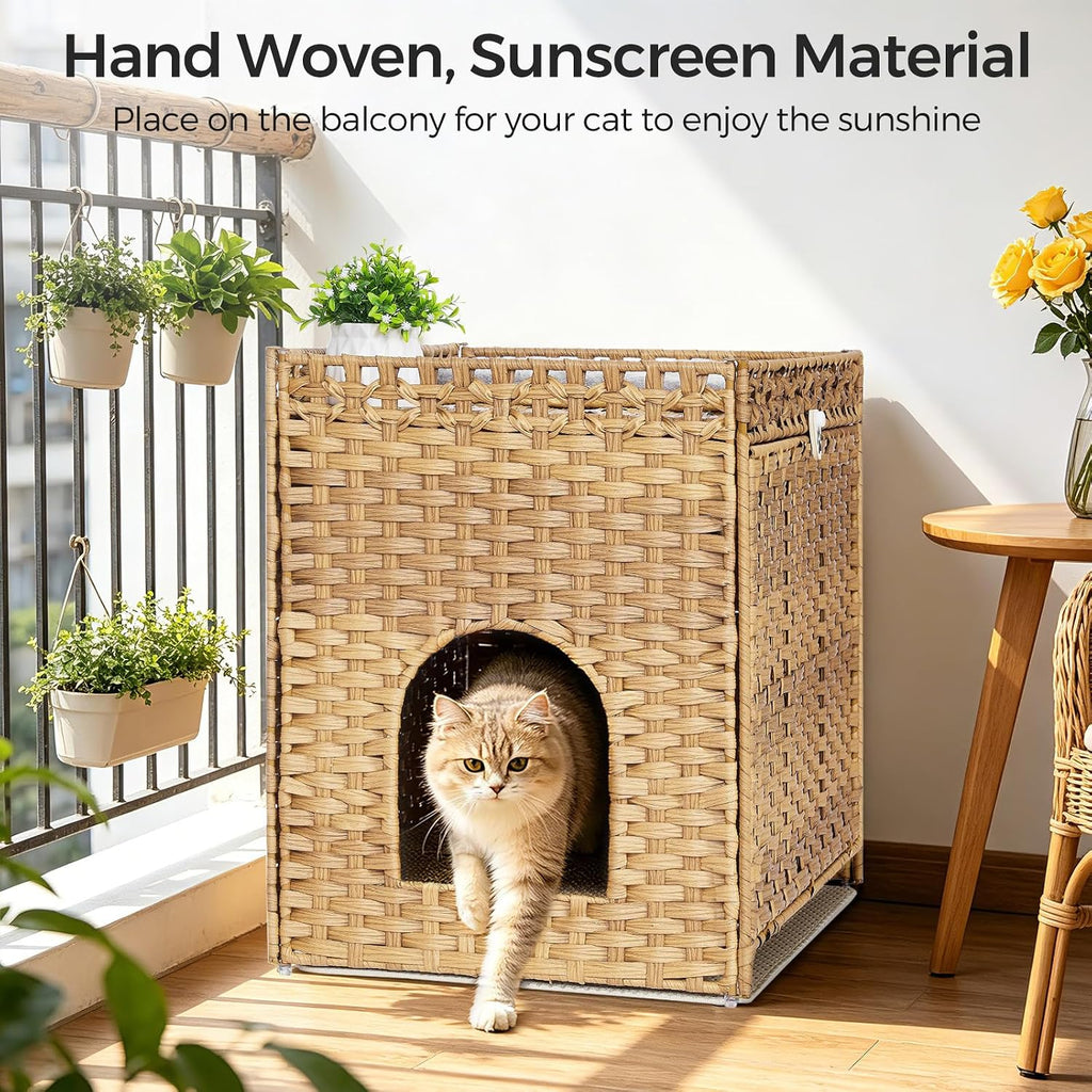 Cat Litter Box Enclosure with Door, Hidden Cat Washroom Furniture | Handwoven PP Wicker; Soft Litter Mat Included; Spacious Interior; Furniture-Style Design; Indoor Home Décor