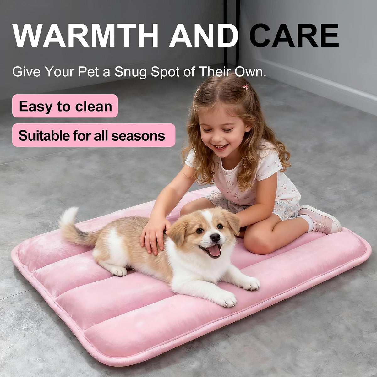 Dog Bed Mat, Reversible Dog Crate Pad with Washable Kennel Mat and Soft Foam, Flat Pet Bed for Dogs & Cats, for Crates Carriers & Travel (Pink, 23" L*14" W*1.5" Th)