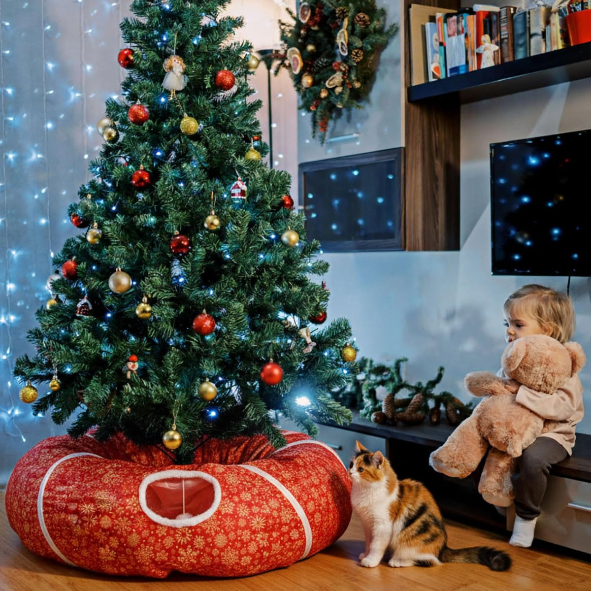 Snowflake Cat Tunnel Bed Under Christmas Tree 36'' Kitten Circle Donut Tunnel Skirt with Ball Mat Decorative Xmas Folding Home Kitty Guard Tube Holiday Party Indoor Pet(Red Gold)
