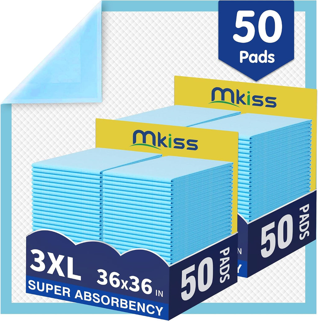 MKISS Bed Pads Disposable 36" x 36" 50 Count, Extra Large Incontinence Underpads, Leak-Proof & Quick-Drying Disposable Pee Pads for Elderly, Adults, Kids, Puppy Training