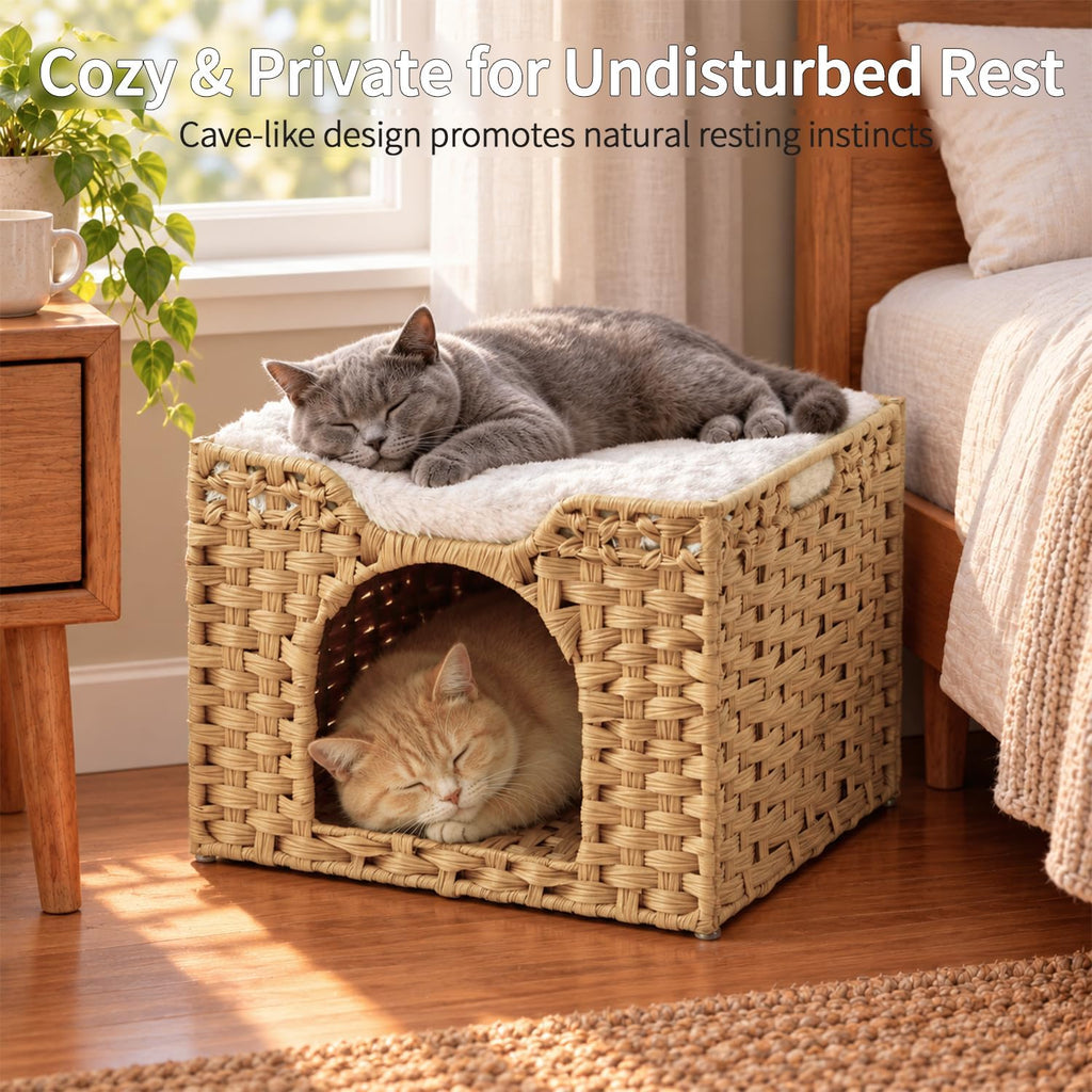 SETVSON Cat Beds Indoor Kitten House, PE Rattan Cat Cave, Natural