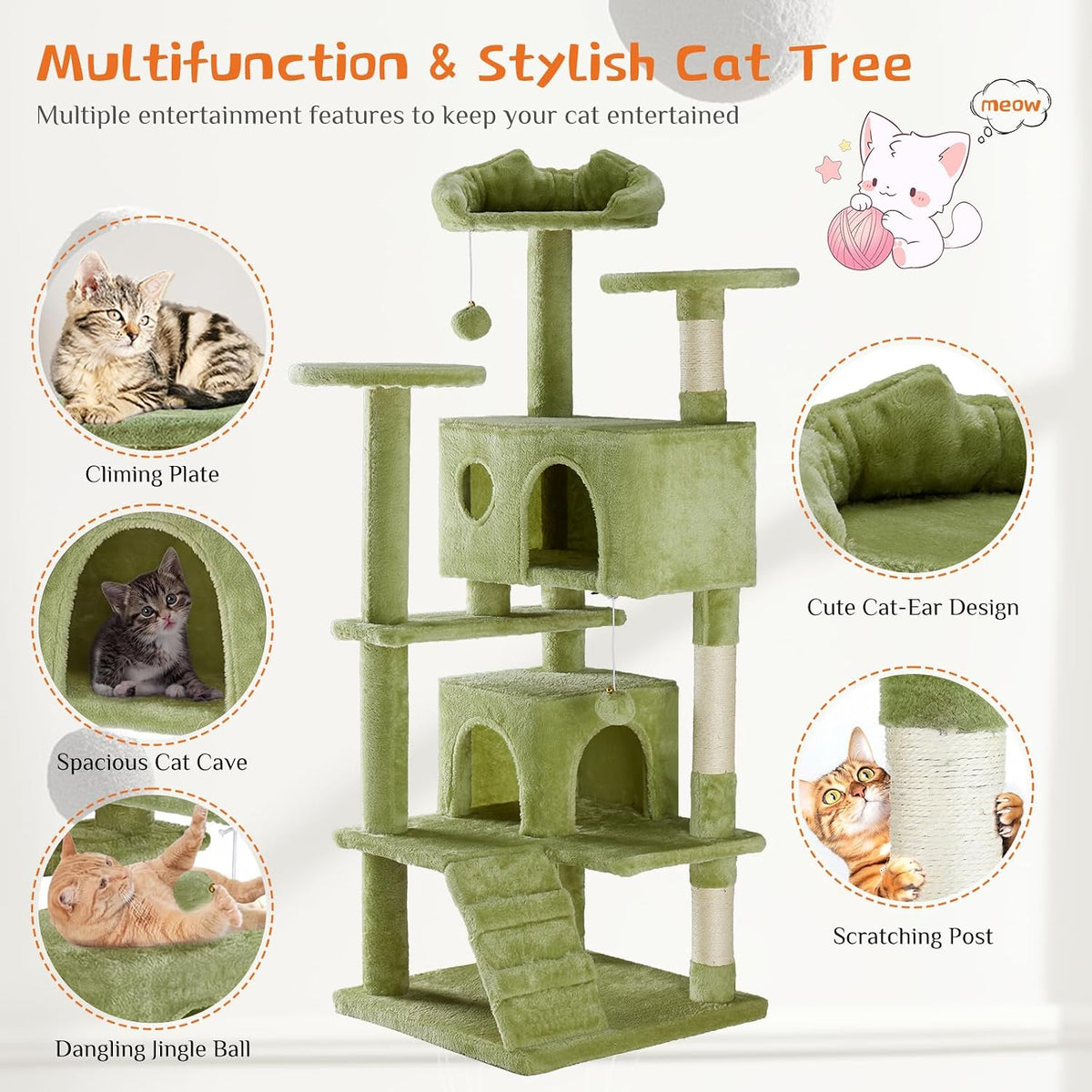 54 Inch Cat Tree Tower with Natural Sisal Scratching Post
