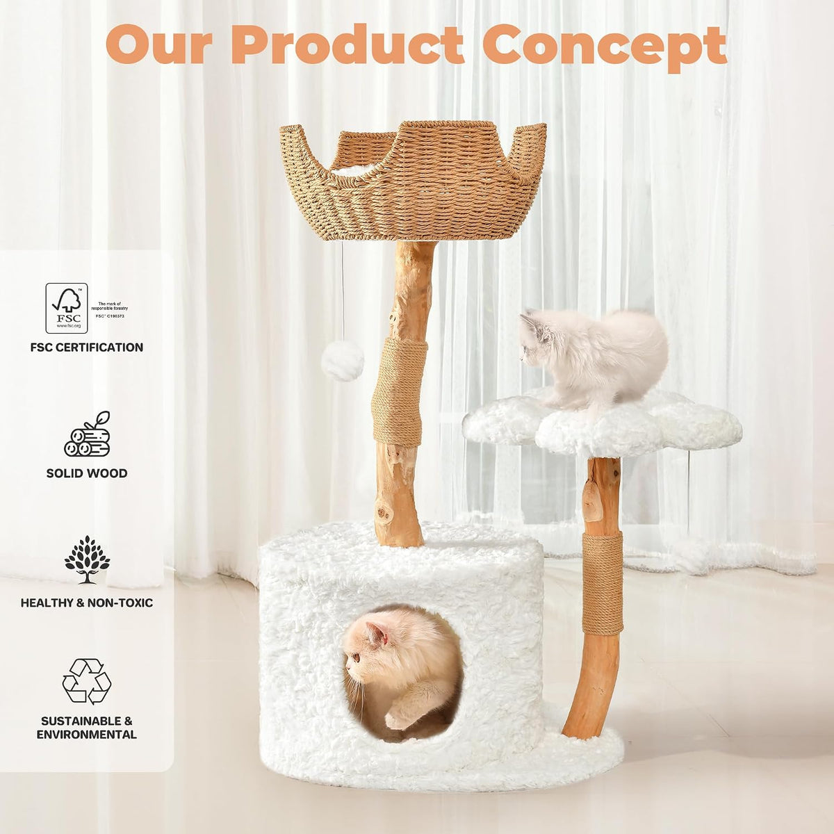 Easyego Modern Cat Tree, 39.9" Aesthetic Wood Cat Tree Tower for Large Cats, Luxury Cat Condo with Scratching Posts and Flower Platforms, Cat Furniture, White