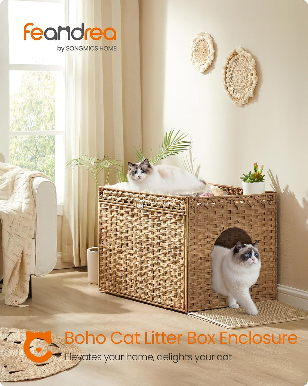 Feandrea Cat Litter Box Enclosure, Handwoven Rattan End Table, Extra Mat