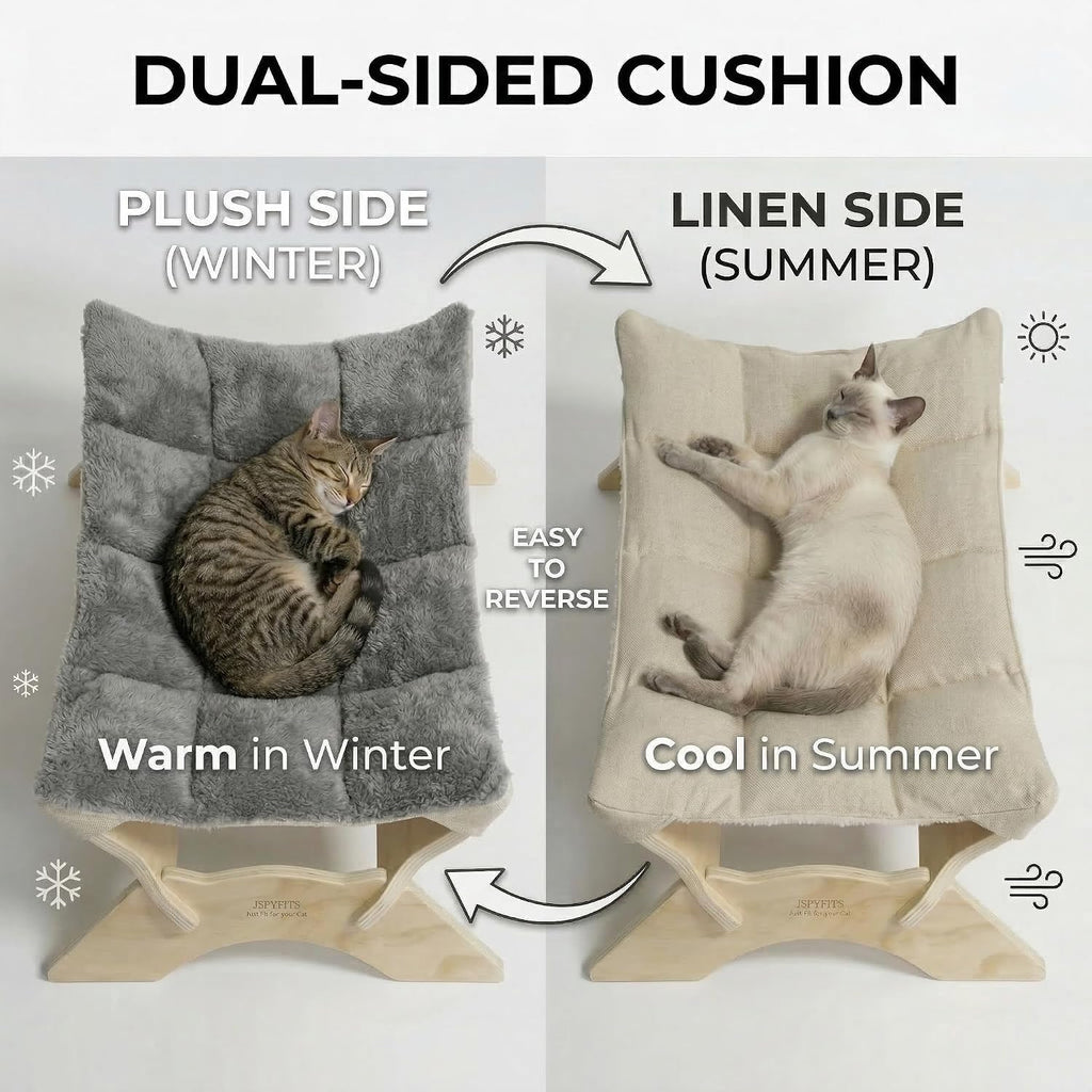JSPYFITS Elevated Cat Bed Hammock, Raised Cat Bed with Dual-Sided Plush & Linen Cushion, Machine Washable & Breathable Cover Tool Free Easy Assembly, up to 66Lbs (Gray)