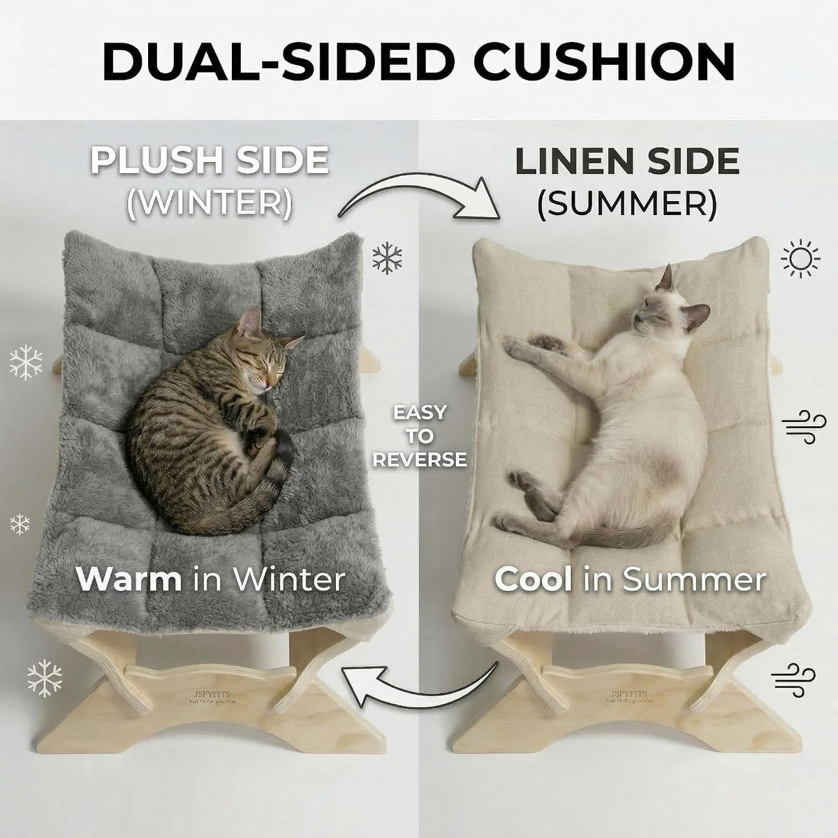 JSPYFITS Elevated Cat Bed Hammock, Raised Cat Bed with Dual-Sided Plush & Linen Cushion, Machine Washable & Breathable Cover Tool Free Easy Assembly, up to 66Lbs (Gray)