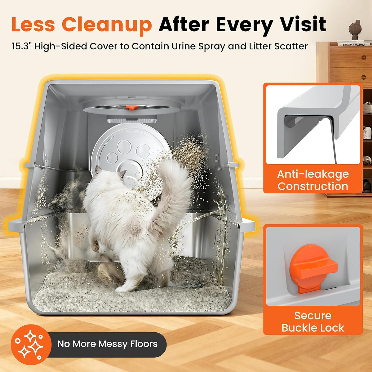 XXL Enclosed Stainless Steel Litter Box with Lid, Flip-Top, Gray