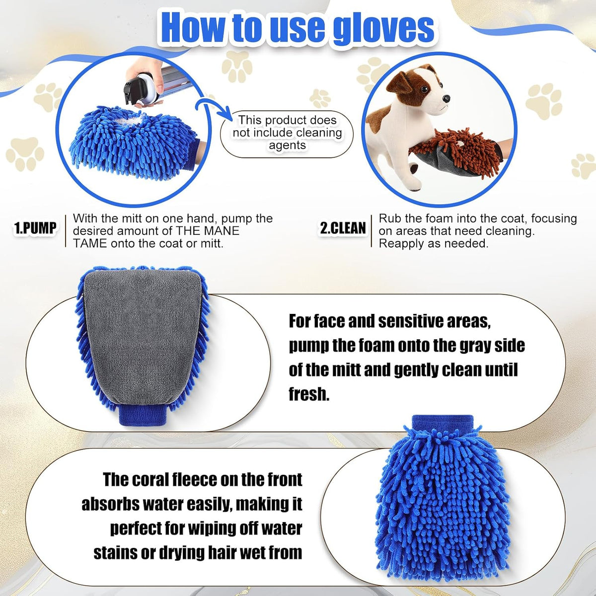 Teenyyou 2 Pcs Dog Towel Chenille Microfiber Pet Grooming Gloves,Blue