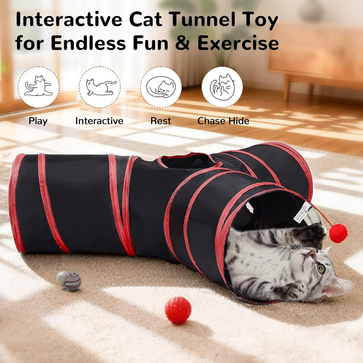 Tempcore Cat Tunnel, 3-Way Collapsible Toy for Indoor Cats, Black & Red | 3-Way Cat Tunnel with Peek Holes, Hanging Ball and Teaser Wand, Collapsible Design for Play, Hiding, Chasing and Exercise