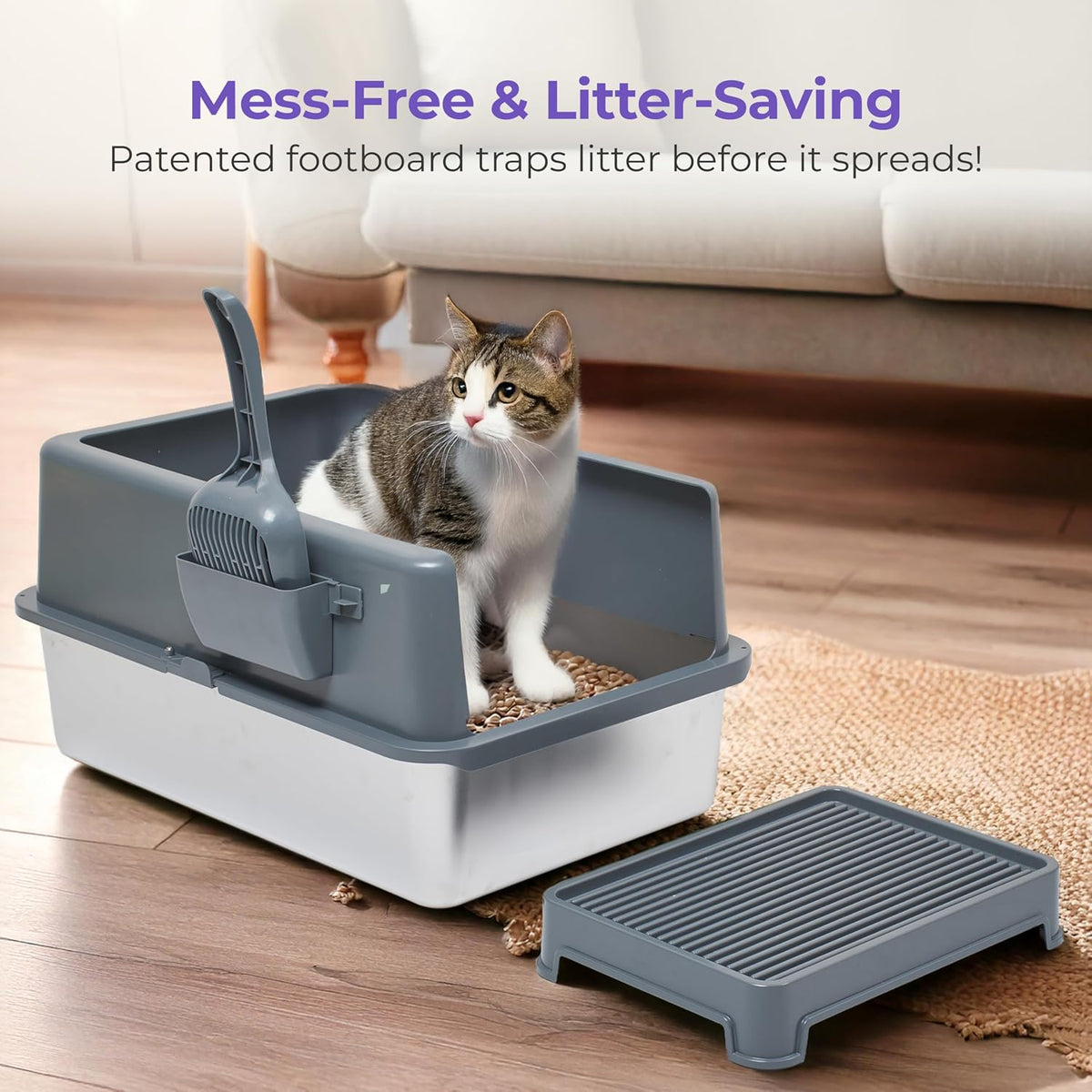 iPrimio Stainless Steel Cat Litter Box, XL Set with Scooper and Litter Mat | Complete XL steel setup with enclosure, step scoop and elevated mat. Scratch proof and bite proof, so it lasts for years.