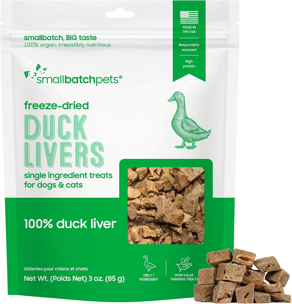 smallbatch Freeze Dried Duck Livers, High Protein Dog & Cat Treats, 3oz